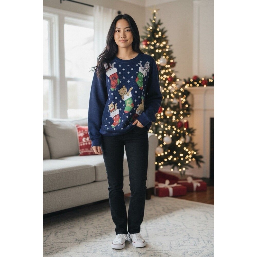 Vintage Jerzees Women’s Christmas Sweatshirt Pullover Cat In Stockings Size L